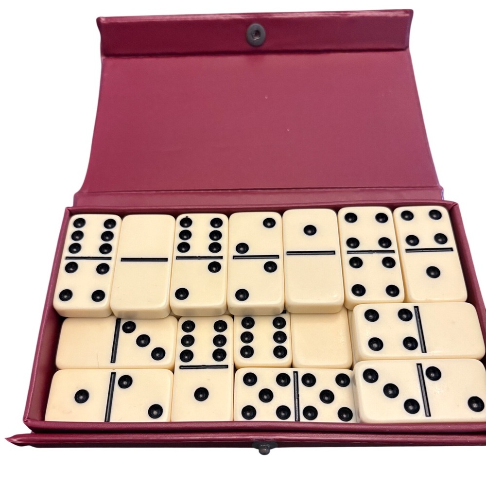 Vintage Cardinal Double Six Dominoes Set 22 Tiles Burgundy Red Snap Case